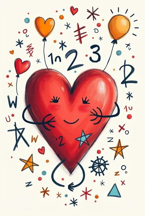 Illustrate a heart intertwined with mathematical symbols, 1st grade drawing 