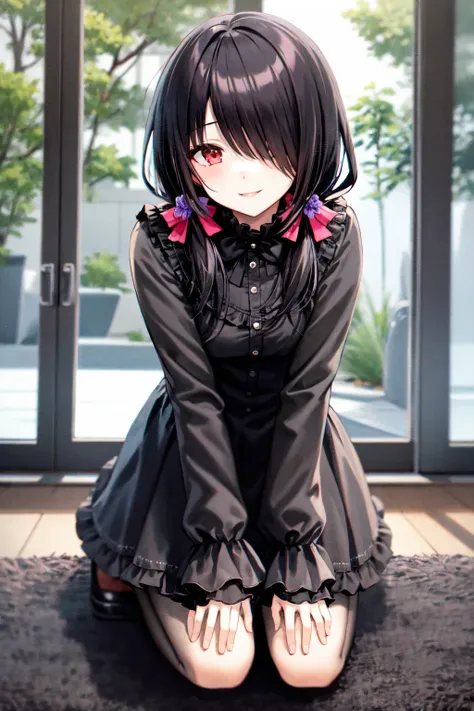 1girl, solo, kneeling, seiza, cckurumi, long hair, low twintails, hair flower, hair over one eye, hair bow, gothic, black dress, ribbon, pantyhose, slippers, sitting, smile, looking at viewer, leaning forward, indoors, living room, television, window, plan...