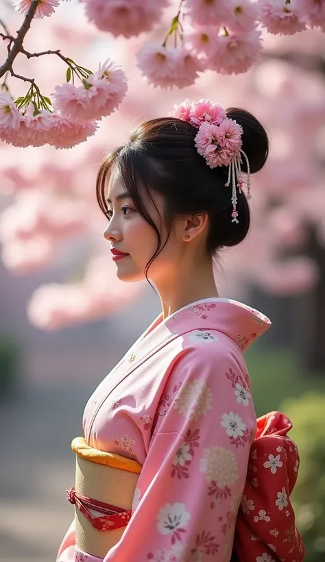 A 37-year-old woman in a traditional kimono, standing near a cherry blossom tree.