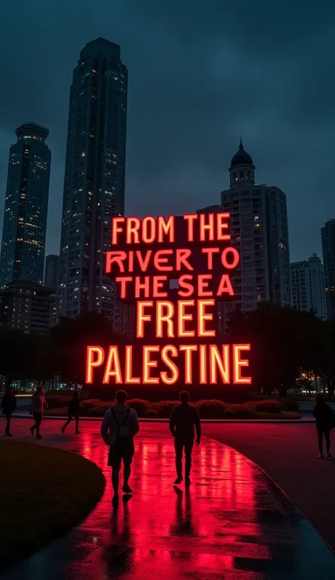 A dramatic typographic sculpture in a park surrounded by towering high-rise buildings at midnight. The sculpture spells out "From the river to the sea. Free Palestine" in bold, stylized lettering, blending maroon and bloody red hues. A single spotlight cas...