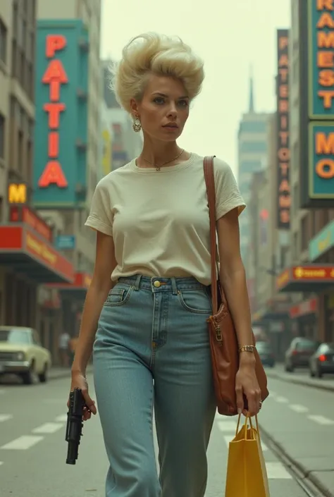 Analog ultra-realistic photo,  vintage nostalgic atompunk vibes, a frumpy, wrinkled middle aged blonde housewife with a futuristic beehive hairdo wearing a retro  t shirt and jeans, holding a hand gun and a shopping bag, pistol in a city street