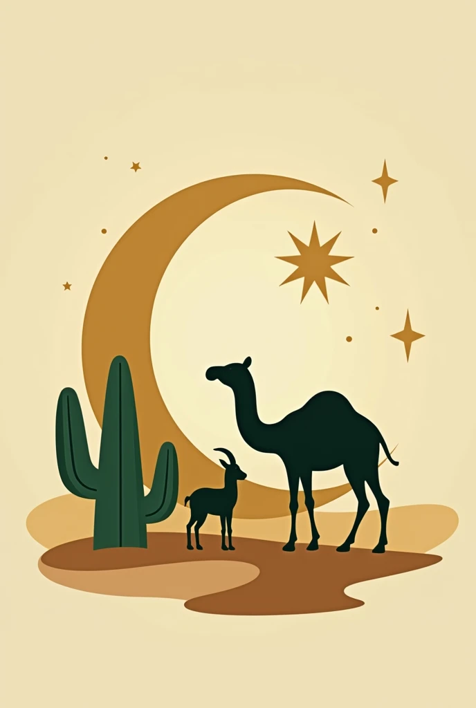 “Create a graphic design featuring a crescent moon and a star, with a desert background that includes a camel and a goat. Use a harmonious color palette with gold, sand, and green tones to convey a sense of peace, tradition, and Islamic culture, without an...