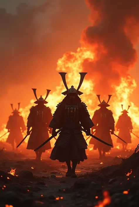 Japanese samurai walk in the midst of Hellfire