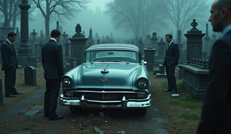 The image depicts a scene set in a large, abandoned cemetery. The lighting is predominantly dim and moody, with a predominance of cool blues and grays, giving the photo a subdued and eerie atmosphere. The cemetery itself is crowded with gravestones and hea...