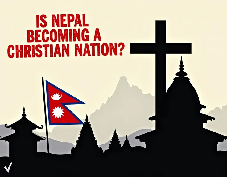 Left Side: Nepalese flag and a traditional temple pashupatinath and shyambhu
Right Side: A large cross or a church silhouette.
Bold Text: "Is Nepal Becoming a Christian Nation?"
Colors: Use red and white for emphasis.
Emotion: Add a sense of urgency or cur...