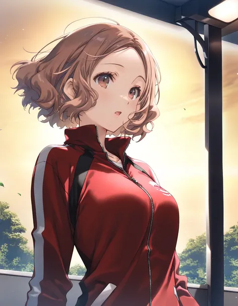 1girl, okumura_haru_(persona_5), brown hair, short hair, medium breasts, red track suit, beautiful detailed eyes,open mouth, outdoors,wind,fantasy, game CG, break,(artist:mitsumi_misato),artist:fujiyama,artist:kokonoka, break,(masterpiece), (best quality),...