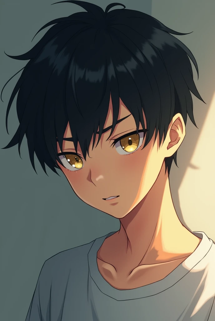  An anime boy with short black hair, Yellow eyes who is ashamed 