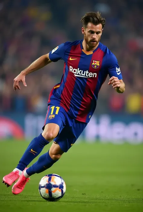 all body view of a strong muscled fit man running shooting the ball, brad pitt, 19 years old, light brown short wavy hair, brown eyes, with a beard, very sharp well defined jawline, and a big dick, wearing his barcelona soccer jersey and barcelona blue sho...