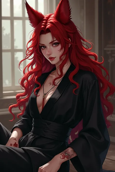 1man, solo, red hair, long hair, black eyes, black hanfu, curly hair, red eyeliner, red tattoos, fox ears, destroyed furniture, aggressive posture, fangs, dark, стилистика древнего китая, мужчина, девять хвостов сзади, величественный вид