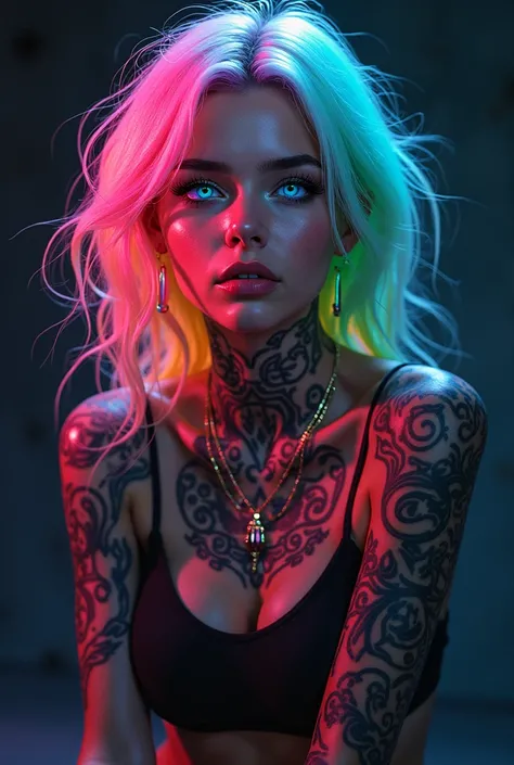 Kizi. Rainbow colored hair. cyberpunk. tattooed. Grinning. darkness background. Eyes rainbow colored