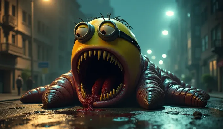 A gaint Earthworm having head of character yellow minion having two eye opening big creepy mouth having bloody teeth at creepy night street