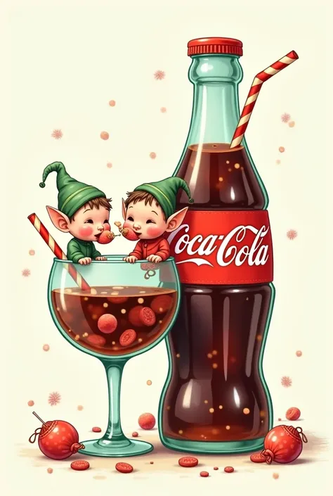 Make coloring book pages with 2 cute elf on the shelf sit on glasses and drink from one big coca cola bottle with straws and in glases comes cola bottles shape  candies