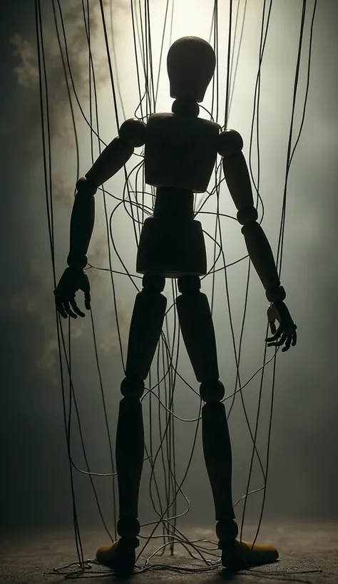 The wooden puppet is struggling to remove the strings that are tied. 
High resolution,  masterpieces , Nikon, Blurred, Thick line, Silhouette, abstract,  facing back, ศิลปะabstract, gloomy