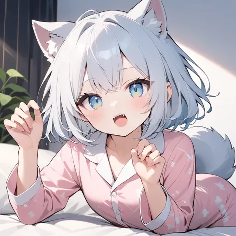  Yukiko Aikina:0.8、 highest image quality taken by Ki、4K、16k、 top quality 、 A teenage girl 、Beautiful silver hair 、 bob hair、Aquamarine Eyes、 Oblique eyes、 shiny skin、 Beautiful White Skin 、Curly Hair、 (( girl in pajamas in a wolf costume:1.3))、 cute expre...