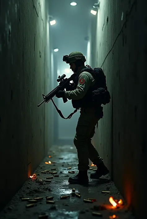 Create an image of a Mexican Marine ry soldier in a dark place with no escape in the middle of crossfire for wallpaper