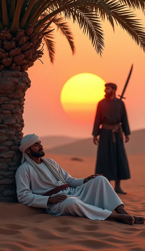  A 40 year old arab man ,  dressed in white wearing a white turban  , sleeps while leaning under a date tree , twilight atmosphere,  behind him a large sunset position , desert background.  And standing in front of him a 30 year old arab man wearing a blac...