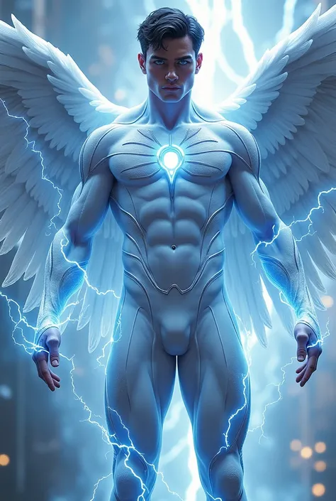 european white male, hunk, muscular legs , broad chest, fuzz on the chest and arms, blue eyes, dark short hair, unshaved, show full body in a white hero suit, glowing skin, visible bulge, powerfull god of thunder , controls electricity and lightning,  big ...