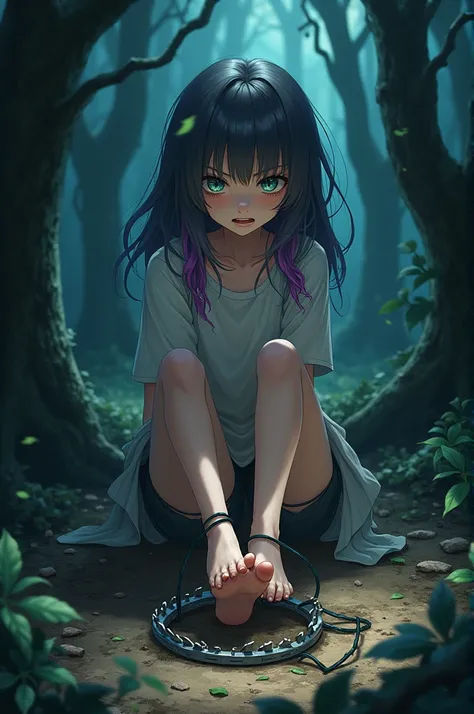 Anime girl with her foot stuck in a bear trap in a dark forest