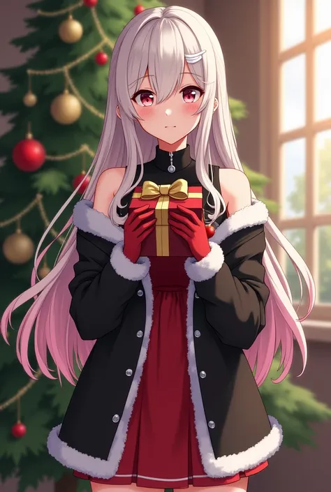 170cm very tall woman, age 20,wear santa clothes,have a present box in her both hands, background is a Christmas tree,changli, ahoge, bare_shoulders, black_collar, black_jacket, collar, dress, earrings, hair_between_eyes, hair_intakes, hair_ornament, layer...