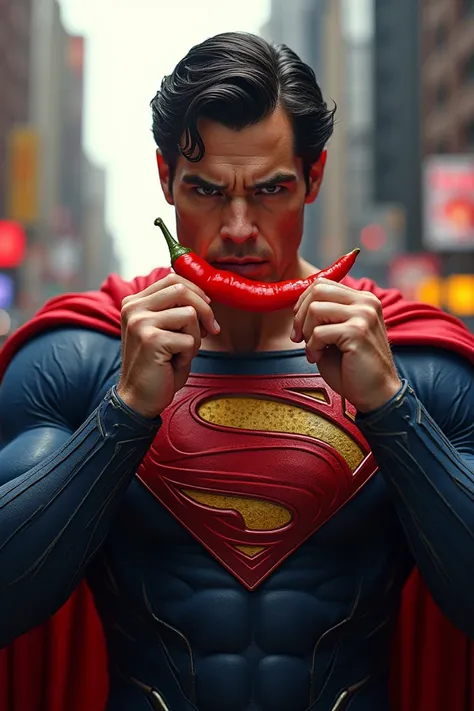 Super man eating red pepper 