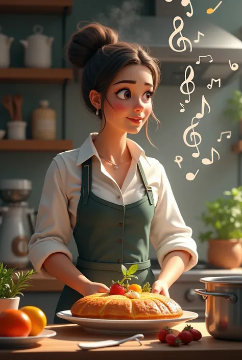 FEMALE CHEF WATCHING MUSICAL NOTES FALL TO A RECIPE