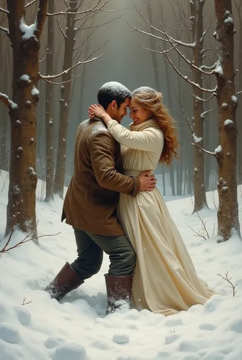 style peinture école de Barbizon. Dans une forêt enneigée, un homme et une femme musclée jouent à lutter dans la neige. Lhomme est par terre dans la neige, la femme est sur lui, avec une main elle bloque les deux bras de lhomme.