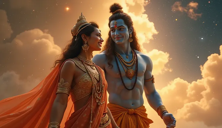 A celestial realm with glowing stars, shimmering galaxies, and two divine figures—Devi 
Sati: A graceful and determined young woman, deeply spiritual, dressed in an elaborate Indian bridal attire.and Lord Shiva blue-skinA strong, serene man with a divine a...