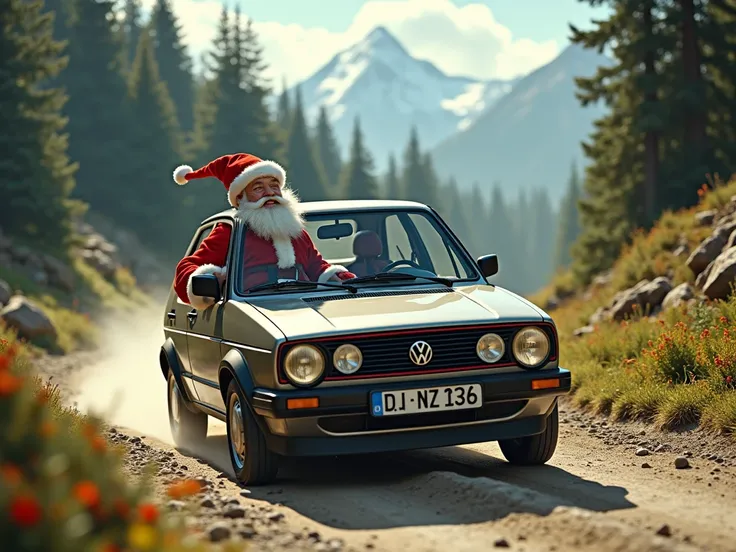 Santa Claus driving a 1996 goal on a dirt road