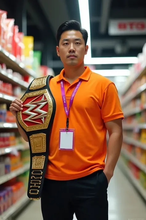 1 korean men with orange polo t-shirt and black pant with magenta layard Id  standing holding  big gold wwe championship belt  inside supermarket