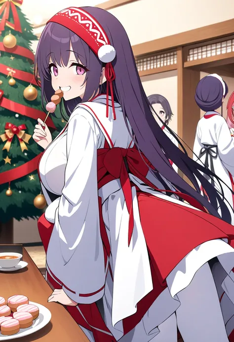 (masterpiece,  top quality ,  ULTRA DETAIL,  illustration)， One girl ，( very long straight princess cut hairstyle， dark purple hair， red hair band on the head )，( pink eyes，Droopy eyes)，Big Breasts，( traditional shrine maiden costume in red and white ，Furu...