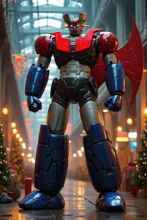 At a height of 38 meters, the 、 standing in a shortened position 、Mazinger Z in a very realistic Santa Claus costume walks in a Santa costume。The surrounding area is decorated for Christmas and the lights are amazing 。 eventually 、steel、 Carbon Fiber 、 and...