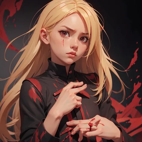  Anime Girl with blond hair , There is blood on my hands, shows with a gesture "keep silent"  putting index finger to lips, "shh ",  dark room,  serious facial expression, killer girl , Round image ,  looks at the viewer , black and red tones