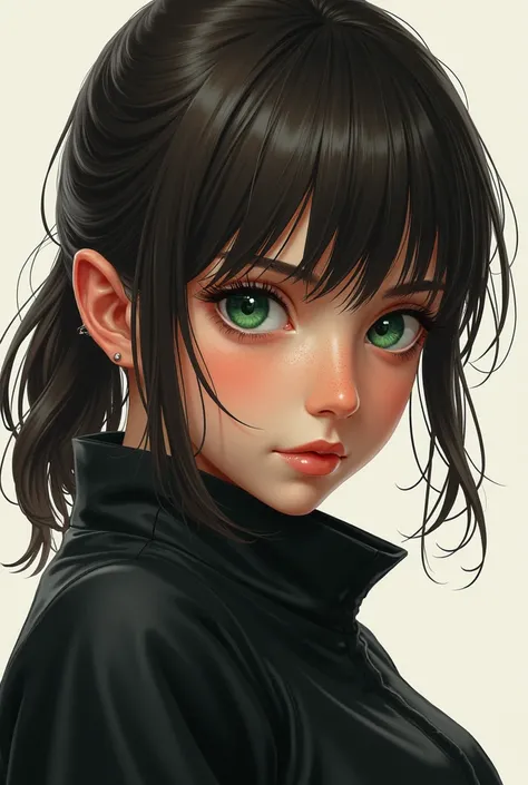  draws a 14-year-old girl with:  dark brown hair straight and loose .  Emerald green eyes .  delicate face and freckles .  She is a fighter . Dressed in black . 