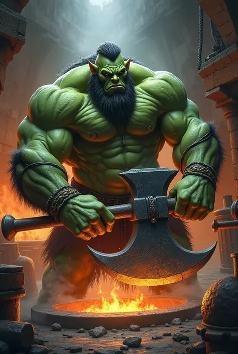 a strong, green ogre in a medieval forge producing a large axe.