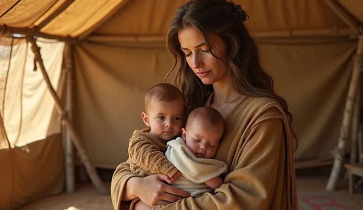 image showing a woman in biblical times clothing, holding two babies, inside of biblical tent in the background, hyper realistic