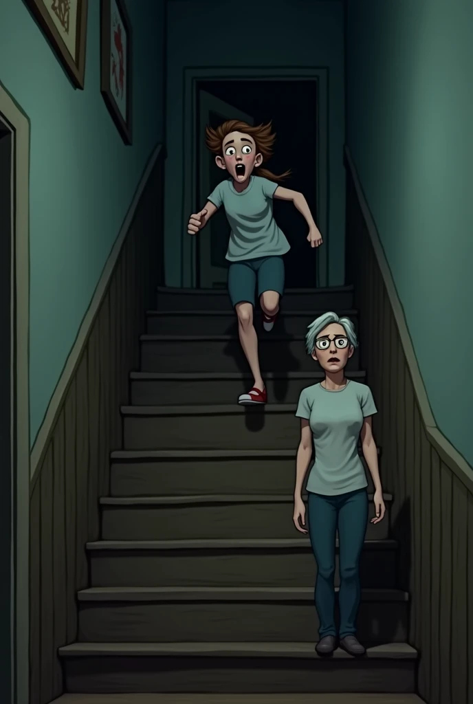 In cinematic 3d cartoon style:
A frightened girl running down the narrow staircase from the attic, her face pale and eyes wide with terror. An older woman stands in the hallway below, her expression a mix of shock and concern. The dark attic door looms omi...