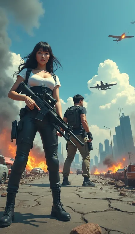 cinematic picture.  Pair of defenders of truth men and women . 
 Severe urban chaos ensues when a beautiful busty Indonesian woman has long straight bangs hair wearing a tight white t-shirt that protrudes and a bulletproof vest equipped with weapons,  long...