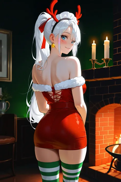 1 woman, solo, 25yo, portraiture, white hair, (white hair with silver strands, silver streaks of hair), parted bangs, long side bangs, long hair, ponytail, azure eyes, medium breasts, (reindeer horns headband), (maid headwear), black headband, off-shoulder...