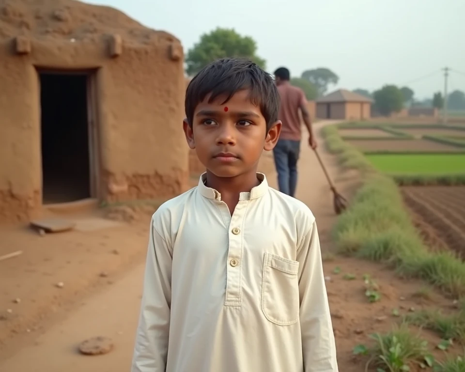 "A young Indian boy in a rural village of Gujarat, wearing a white kurta-pajama, standing outside a simple clay-walled house. The background includes fields with traditional farming tools, and his father working in the fields. The boy looks thoughtful and ...