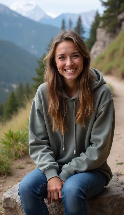 A 37-year-old woman with a natural look, wearing a hoodie, sitting on a rock by a mountain trail.