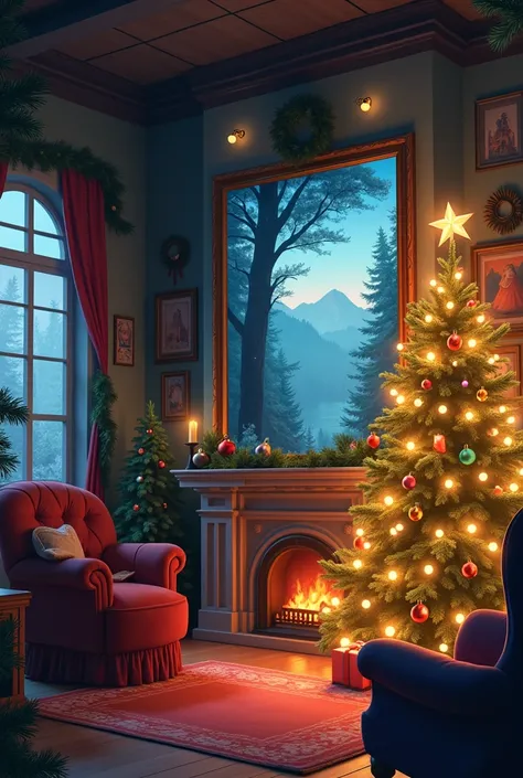 Cosy room with Christmas decorations and a Christmas tree and a large landscape picture frame on the wall
