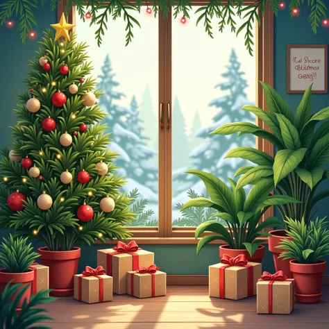 Create a vibrant Christmas-themed illustration for a plant business. The scene should feature lush green plants like monstera, ferns, and succulents, decorated with festive ornaments, fairy lights, and tiny bows. A Christmas tree made entirely of potted pl...