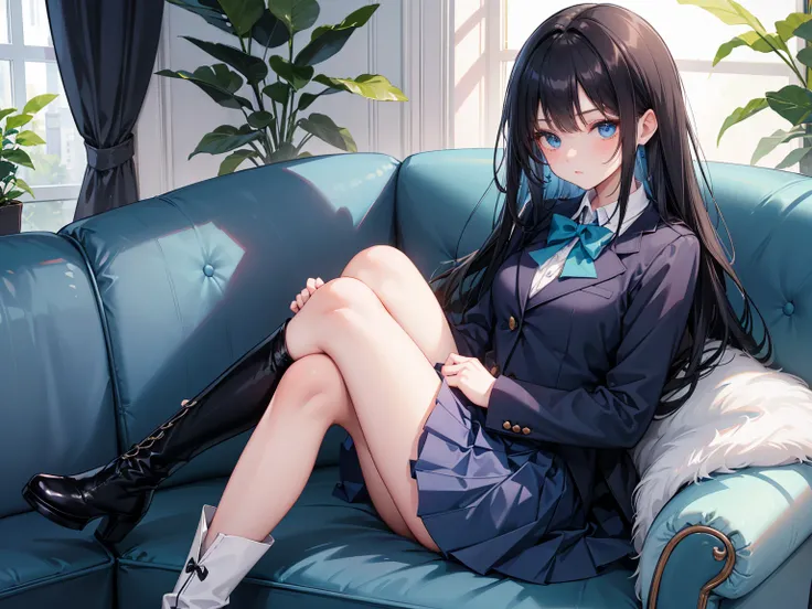  high school students  ， Has long, dark hair ， with warm blue eyes  ，  wears a fresh blue suit ，  pure white collar and bright green bow， Black Boots ， Short black skirt ， has long dark hair and warm blue eyes ， sitting on the sofa ，indoor，living room。