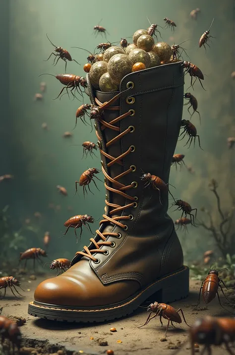 A shoe with boots ,  cockroach and ants