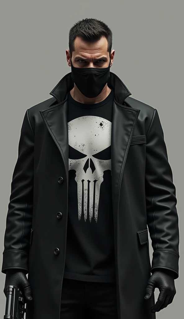 Ultra-realistic 8k image of the Punisher half mask on the face only the eyes that are unmasked  .(vigilante (francis "frank" Castle,  born Castiglione ; no original, Punisher, "Punisher ")  Do it with a gun your black boots your black coat on the t-shirt a...