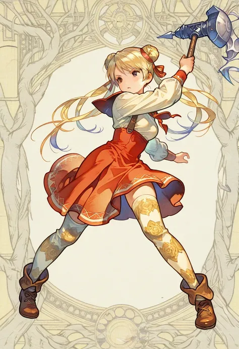 estilo final fantasy tactics, Watercolor shading, hand-painted texture,  dynamic pose style, twin blond buns with flowing ribbons ,  detailed and ornate black and red school uniform , golden patterned knee-high stockings,  solid purple hammer ornamented wi...