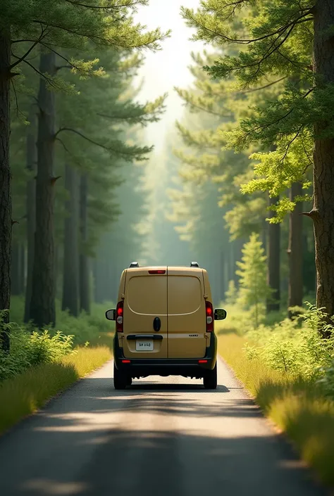 Fiat Fiorino , biege color ,  from left back , on straight forrest way