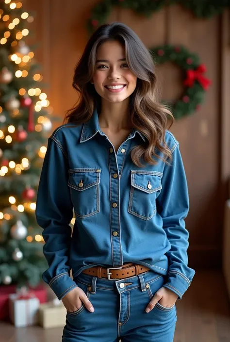 CREATE A CRISMAS WISHES, BACKGROUDND NEED   DENIM TOP SHIRT AND BOTTOM PANT ADD SO THE LOOKS LIKE DENIM LOOKS