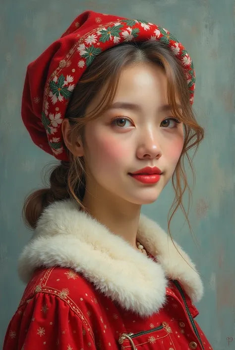  best quality , masterpiece,  super detailed ,  Van Gogh style color palette ,  beautiful young woman oil painting advertising image.  perfect facial features , Perfect eyes, Eye contact,  friendly smile , happiness, Lip gloss, fog in the head , Dynamic po...