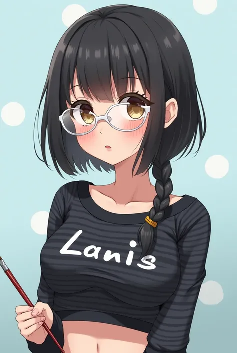 An anime girl with brown eyes, brown skin, and black hair wearing a black striped top with "Lani^s" written on the crop top, wearing white spectacles in a pastel blue with white dots environment holding a paintbrush